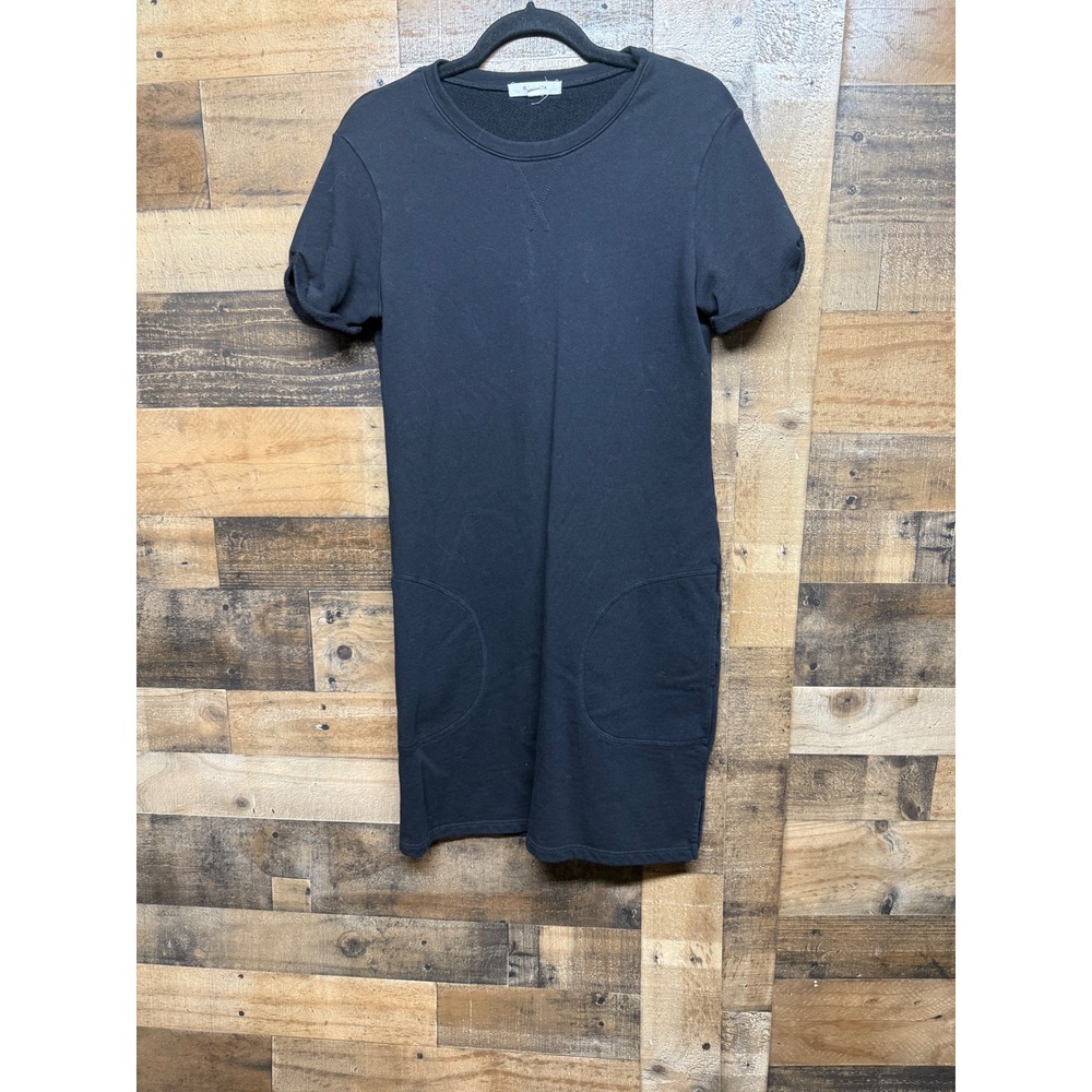 Athleta Black‎ Sweatshirt Dress Pockets Short Sleeve Midi Size S Made in USA